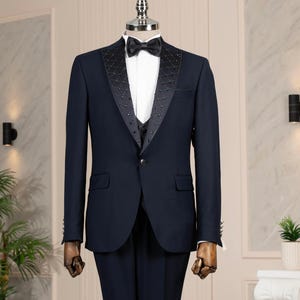 Men Italian Style Navy Blue Tuxedo Suit, Groom Wedding Peak Collar Navy Blue Suit, Party Wear Men Tuxedo, Slim Fit Jacket Vest Pants Suit