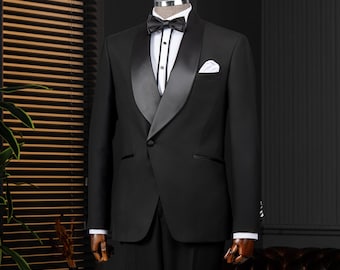 Costume homme noir coupe slim : revers châle, bal de promo pour mariage