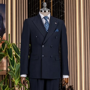 Men Striped Suits Navy Blue 2 Piece Slim Fit Wedding Groom Party Wear Coat Pant Pinstripe Suit, Navy Blue Double Breasted Suit
