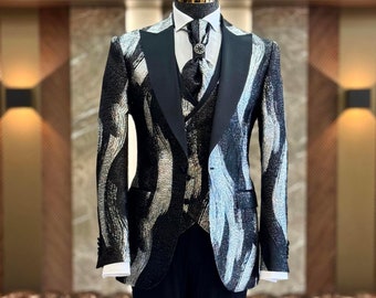 Men's Black Patterned Italian Suit: Slim Fit Tuxedo, Vest & Pants