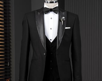 Smoking noir slim fit pour homme : costume 3 pièces de style italien avec revers en pointe
