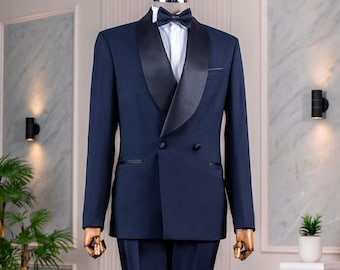 Men's 2 Piece Navy Blue Slim Fit One Button Groom Wedding Jacket Pants, Blue shawl Lapel Slim Fit Suit, Navy Blue Suit for Prom, Party Wear