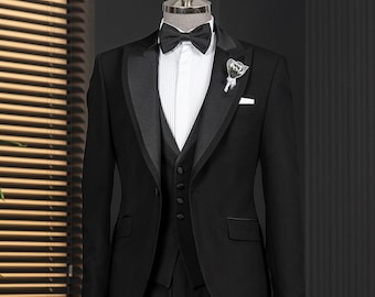 Smoking noir coupe slim pour homme : revers en pointe, costume 3 pièces de style italien