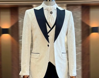 Costume homme en velours blanc cassé : Costume de mariage 3 pièces Slim Fit