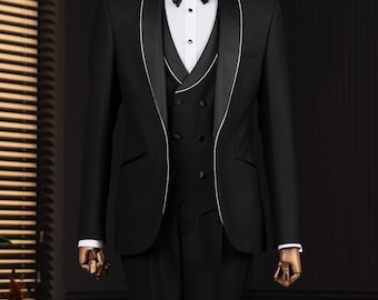 Costume homme noir coupe slim : tenue de mariage pour bal de promo avec revers châle