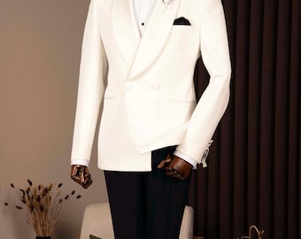 White Slim Fit Groom Tuxedo: Men's Shawl Lapels Double Breasted Suit
