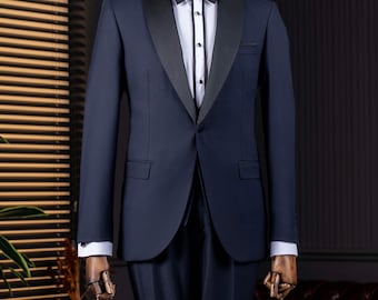 Costume bleu marine coupe slim : costume de bal de mariage avec revers châle