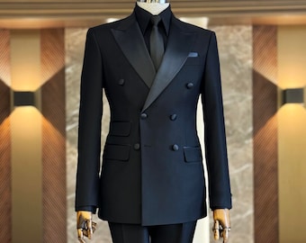 GENT WITH Men&#39;s 2 Piece Slim Fit Two Button Wedding Groom Black Suit, Men Party Suit Pants, Black Slim Fit Peak Lapel Double Breasted Suit