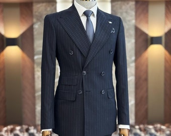 Men 2 Piece Slim Fit Two Button Wedding Groom Navy Blue Pinstripe Suit, Men Striped Suit, Navy Blue Slim Fit Peak Lapel Double Breasted Suit