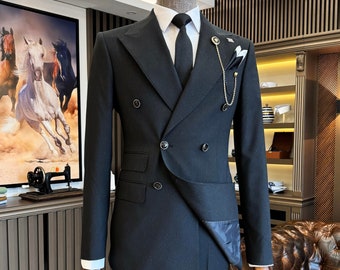 Men's 2 Piece Slim Fit Two Button Wedding Groom Black Pattern Suit, Men Party Suit Pants, Black Slim Fit Peak Lapel Double Breasted Suit
