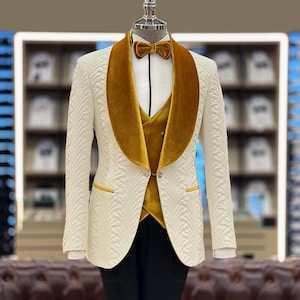 Men Suits White 3 Piece Slim Fit One Button Wedding Groom Party Wear Coat Pant, Men Tuxedo, Men Prom Suit, Black and Yellow Slim Fit Tuxedo