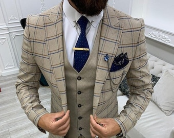 Men Suits Cream 3 Piece Slim Fit One Button Wedding Groom Party Wear Coat Pant, Men Cream Suit, Cream Slim Fit Peak Lapel Plaid Suit