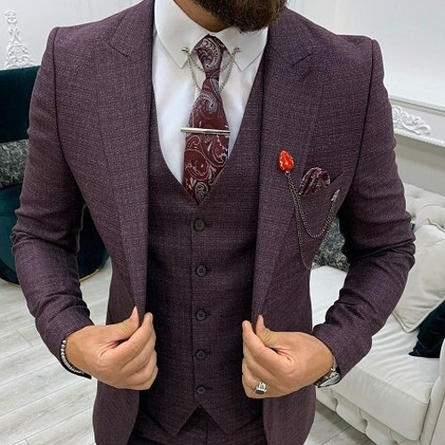 Men Suits Gray 3 Piece Slim Fit Two Button Wedding Groom Party - Etsy
