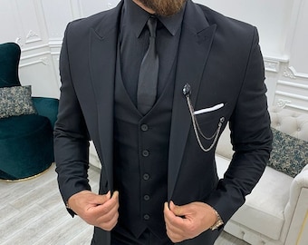 Men Suits Black 3 Piece Slim Fit One Button Wedding Groom Party Wear Coat Pant, Plus Size Black Suit, Men Black Suit, Black Slim Fit Suit