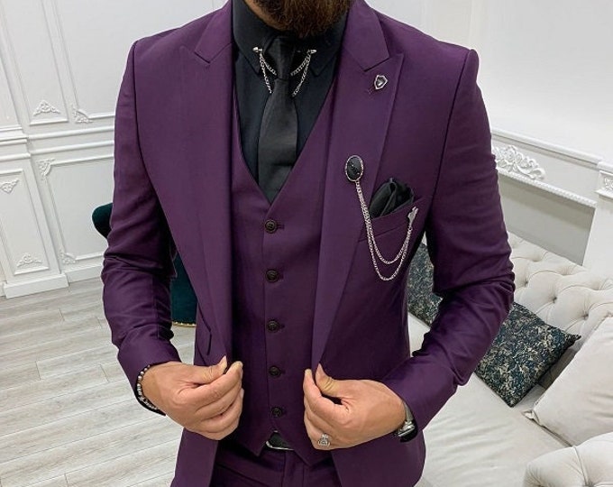 Men Suits Purple 3 Piece Slim Fit One Button Wedding Groom Party Wear ...