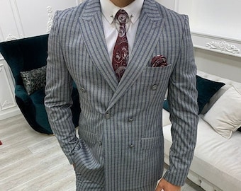 Men's Navy Blue Striped Suit: Slim Fit Peak Lapel, Two-Button