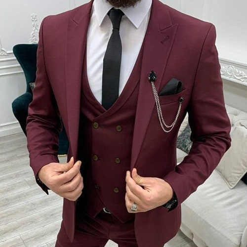 Men Suit Burgundy 3 Piece Beach Wedding Suit Groom Wear Suit - Etsy