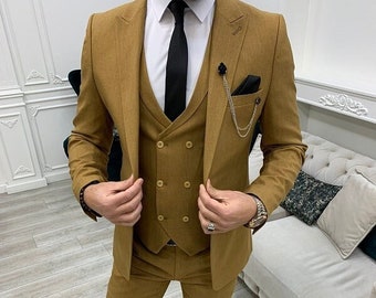 Mustard Slim Fit Suit: Men's 3 Piece Wedding Suit