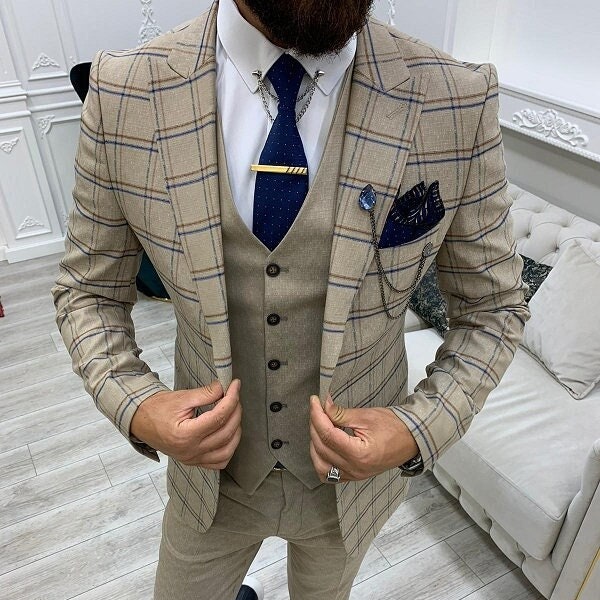 Men Suits Cream 3 Piece Slim Fit One Button Wedding Groom Party Wear Coat Pant, Men Cream Suit, Cream Slim Fit Peak Lapel Plaid Suit