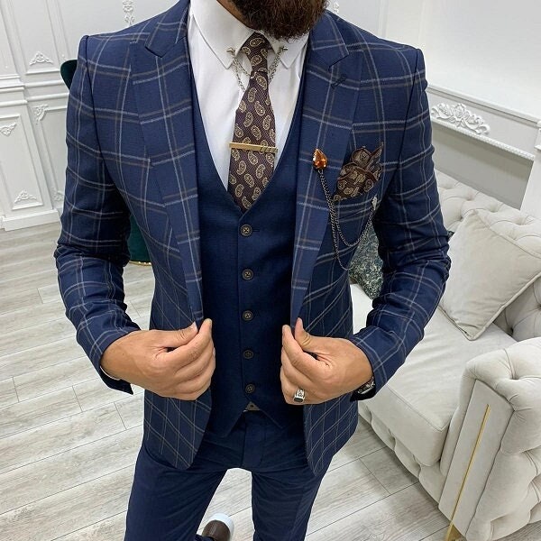 Blue plaid tuxedo cheap