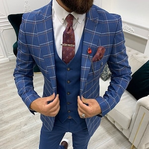 Men Suits Blue 3 Piece Slim Fit One Button Wedding Groom Party Wear Coat Pant, Men Blue Suit, Blue Slim Fit Peak Lapel Plaid Suit