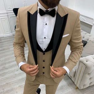 Men Suits ~ Wedding Suit ~ 3 Piece Suits ~ Prom Suits, Plus Size Peak Lapel one Button Tuxedo, Gold Slim Fit Peak Lapel Tuxedo