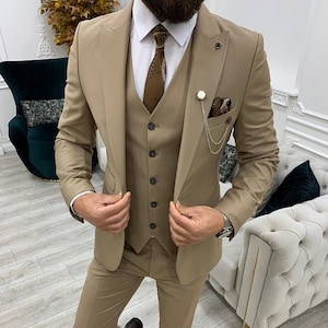 Men Suits Cream 3 Piece Slim Fit One 