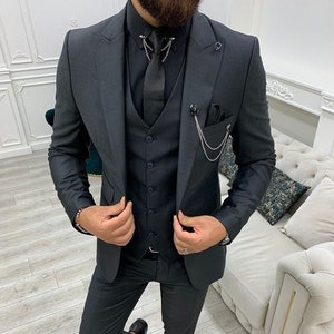 Men Suit Light Gray Wedding 3 Piece 