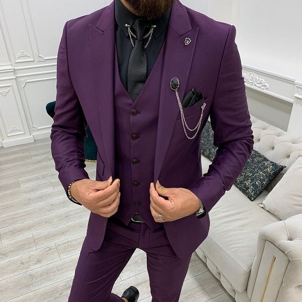 Men Suits Purple 3 Piece Slim Fit One Button Wedding Groom Party Wear Coat Pant, Peak Lapel Suit, Men Purple Suit, Purple Slim Fit Suit