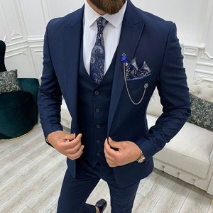 Men Suits Navy 3 Piece Slim Fit One 
