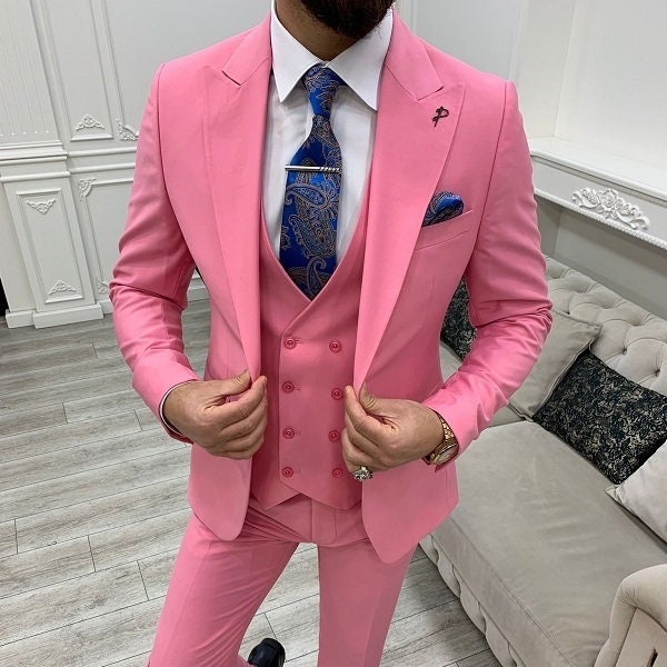 Men Suits Pink 3 Piece Slim Fit Two Button Wedding Groom Party Wear Coat Pant, Pink Men Suit, Pink Slim Fit Groom Wedding Suit