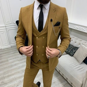 Men Suits Mustard 3 Piece Slim Fit Two Button Wedding Groom Party Wear Coat Pant, Mustard Men Suit, Mustard Suit, Mustard Slim Fit Suit
