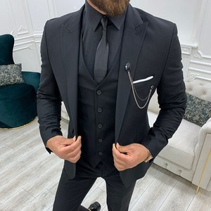 Men Suits Black 3 Piece Slim Fit One Button Wedding Groom Party Wear Coat Pant, Plus Size Black Suit, Men Black Suit, Black Slim Fit Suit