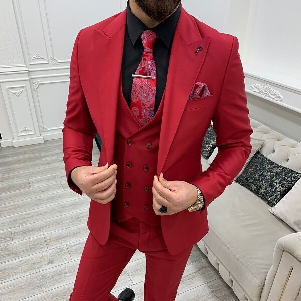 Pretty Color Matching Man's Wedding Suit Red 2 Pieces Slim Fit Men's Suits main image 1