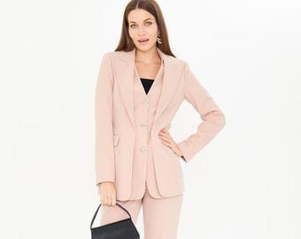 Women's Classic Suit Formal 2-Piece Beige Suit with Pants Wide-Leg High-Waist Trousers  Elegant Business Ensemble  Office Outfit