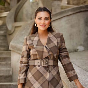 Brown Skirt Suit Set, Brown Plaid Office Suit, 2 Piece Suit, Women&#39;s Brown Skirt Suits, Slim Fit Suit, GENT WITH Women Suits
