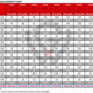 May include: A slim fit suit measurement chart with sizes EU44 to EU62, including jacket chest, waist, sleeve length, and pants measurements in inches and centimeters. Also includes weight suggestions in pounds.