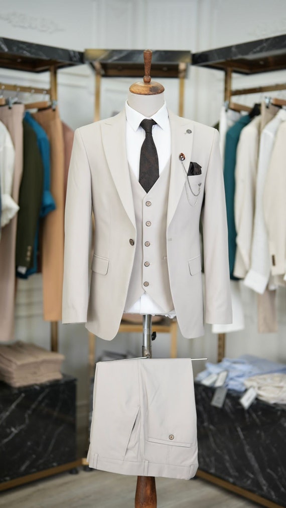 Men Suits Beige 3 Piece Slim Fit One Button Wedding Groom Party Wear Coat  Pant, Plus Size Beige Suit, Men Beige Suit, Beige Slim Fit Suit -   Canada