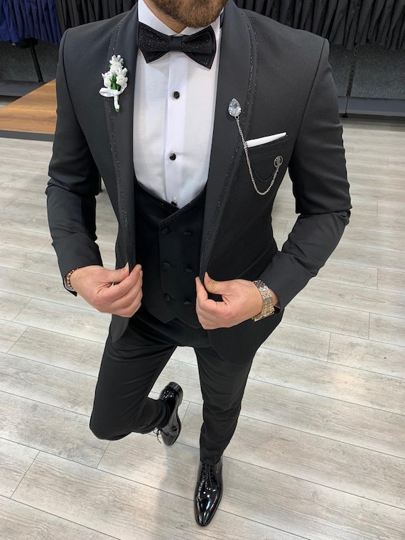 Men Suits Black Wedding Suit Black Tuxedo 3 Piece One Button - Etsy