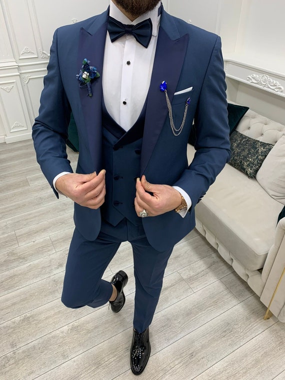 Blue Suits Men 3 Piece Slim Fit One Button Wedding Groom Party | Etsy