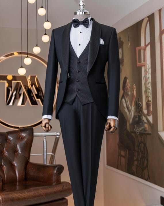 Black Slim Fit Tuxedo: Shawl Collar, 3-piece Wedding Suit - Etsy