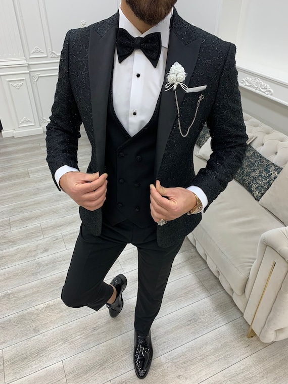 Black Suits Black 3 Piece Slim Fit One Button Wedding Groom Party Wear Coat  Pant, Black Suit, Men Black Suit, Black Slim Fit Groom Suit 