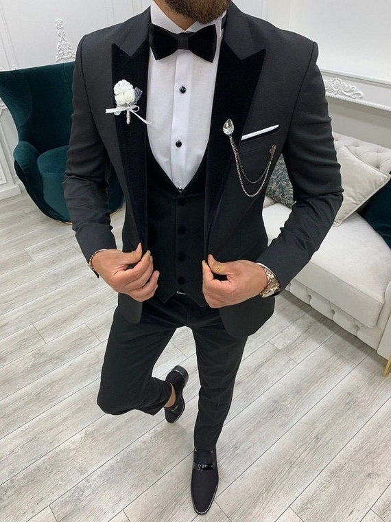 Trajes para hombres traje de boda negro esmoquin negro 3 - Etsy España