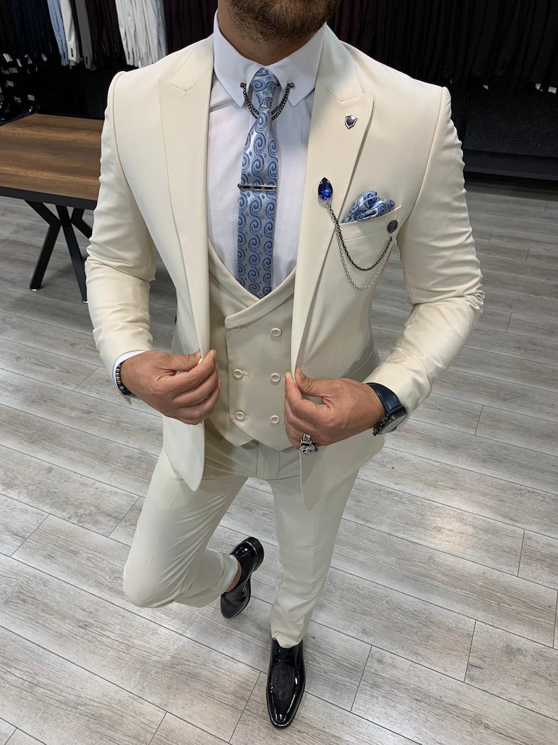 Herren Anzüge Creme 3 Stück Slim Fit Zwei Knopf Hochzeit | Etsy