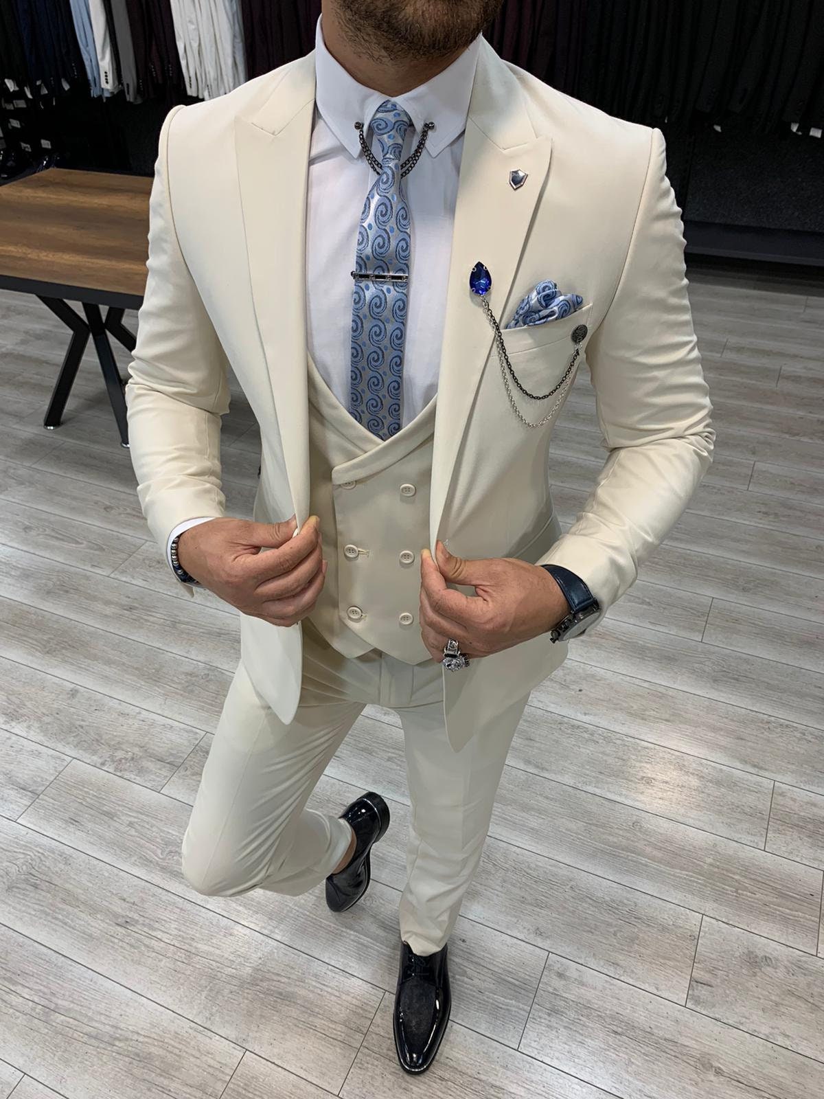 Men Suits Cream 3 Piece Slim Fit Two Button Wedding Groom Etsy