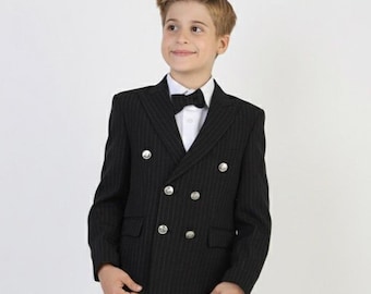 Boys Pinstripe Suit | Double Breasted Jacket, Bow Tie | Ring Bearer Outfit
