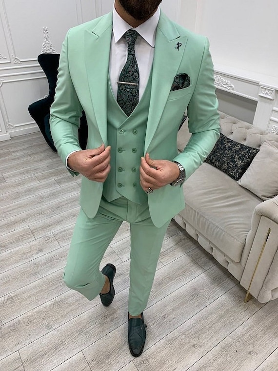 Men Suits Green 3 Piece Slim Fit Two Button Wedding Groom Party Wear Coat  Pant, Peak Lapel Suit, Men Green Suit, Light Green Slim Fit Suit -   Canada