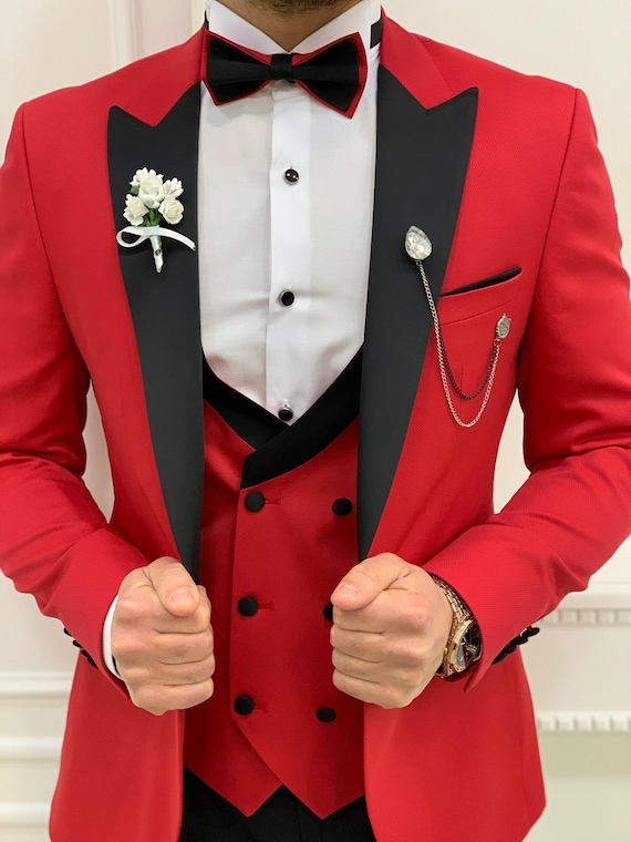 Mens red and black wedding suits top
