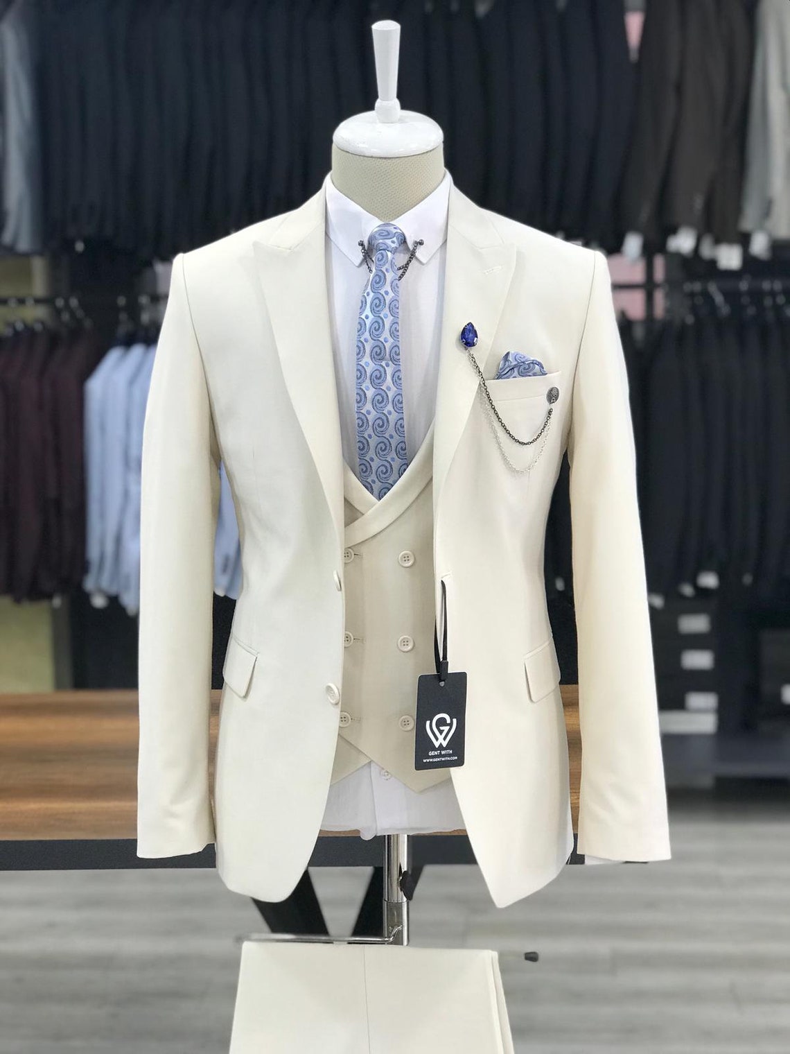 Herren Anzüge Creme 3 Stück Slim Fit Zwei Knopf Hochzeit | Etsy