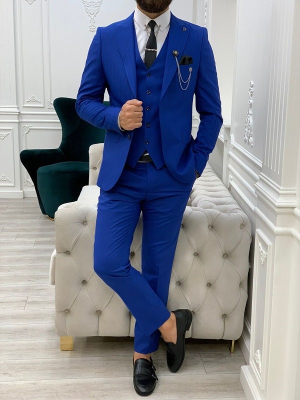 Men Suits Blue 3 Piece Slim Fit Two Button Wedding Groom Party